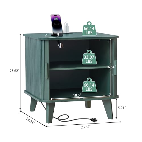 24" Large Fluted End Table with Charging Station, Farmhouse Sofa Side Table with Sliding Tambour Door & Storage, Curved Rustic Wood Nightstand for Living Room, Bedroom, Green - color: Green