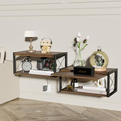 2-Tier Floating Nightstand, Wall Mounted Bedside Table, Wood Bedside Shelf Wall Mounted Nightstand, Floating Bedside Table Wall Shelf for Bedroom, Living Room, Kitchen, Office, Rustic Brown