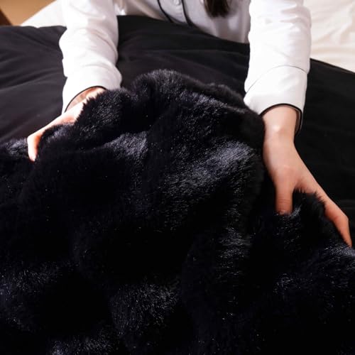 Fluffy Black Duvet Cover Full Set, Soft Shaggy Plush Rabbit Bedding Set 3 Pieces (1 Fuzzy Comforter Cover + 2 Faux Fur Pillow Cases) Zipper Closure（Black, Full） - color: Black, size: Full