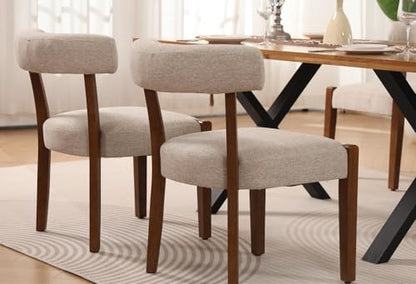 RNKSFX Upholstered Dining Chairs Set of 2, Walnut Wooden Kitchen & Dining Room Chairs, Mid Century Modern Fabric Farmhouse Dining Chairs Oversized Sturdy Rounded Chairs Curved Back, Beige Fabric - color: Beige Fabric