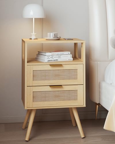 Rattan Nightstand,Farmhouse Bedside Table with 2 Storage Drawer and Open Wood Shelf, for Bedroom and Small Spaces,Night Stand with Solid Wood Legs (Yellow Oak) - color: Yellow Oak