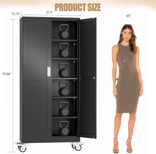71" H Metal Pantry Storage Locker Cabinet with Wheels,Rolling Kitchen Pantry Cabinet with 2 Doors and 4 Adjustable Shelves, Lockable Steel Garage Tool Cabinet Organization for Home,Gym,School,Black - color: 4black, size: 15"D x 29.9"W x 71"H