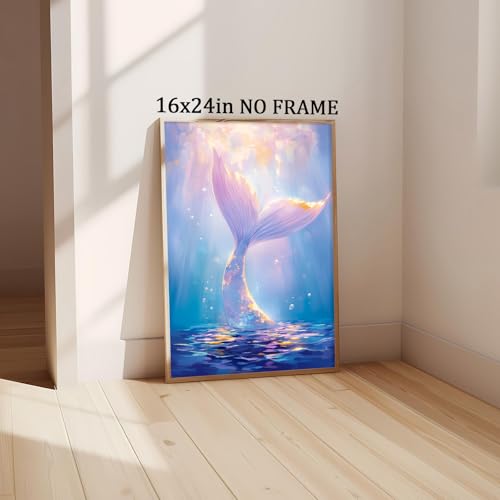 Coastal Beach Wall Art Mermaid Tail Artwork Blue Ocean Prints Trendy Girl Posters Ocean Life Pictures Summer Beach Paintings Trendy Funky Posters Aesthetic Summer Pictures for Room 16x24in Frameless - color: E2Unframed