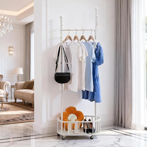 Free Standing Rolling Clothes Rack with Wheels Coat Rack - White | Small Narrow Cloth Hanger Metal Garment Racks for Bedroom Livingroom Lab Dress Shirts Rack with Storage Shelves - color: WHITE