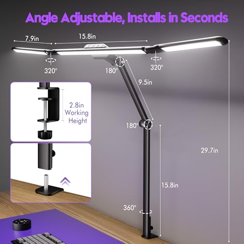 Quntis 32.5" Eye Care Architect Desk Lamps with Clamp for Office Home Dorm | 1100LM Bright, Ambient Backlight, Radar Sensor, Remote Control, 2H Timer, Workbench Drafting Reading Video Conference Task