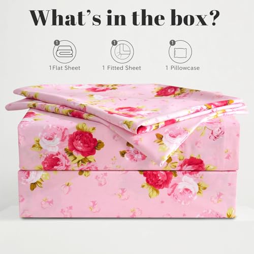 Bedlifes Floral Pattern Bed Sheet Set Twin Size, 16" Deep Pocket 3-Piece | Ultra Soft Microfiber, Breathable & Silky, OEKO-TEX Certified, Easy-Care Machine Washable, 3-Piece, All-Season Spring Bedding - color: Pink, size: Twin