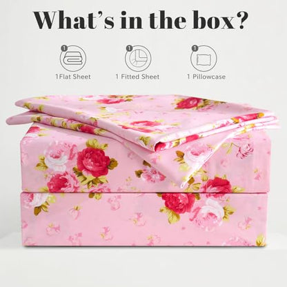 Bedlifes Floral Pattern Bed Sheet Set Twin Size, 16" Deep Pocket 3-Piece | Ultra Soft Microfiber, Breathable & Silky, OEKO-TEX Certified, Easy-Care Machine Washable, 3-Piece, All-Season Spring Bedding - color: Pink, size: Twin