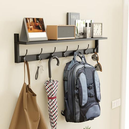 BAMEOS Wall Hooks with Shelf 35 Inch Length Entryway Hanging Shelf Wood Coat Hooks Wall-Mounted Coat Hook Rack with 7 Dual Hooks for Bathroom, Living Room, Bedroom (Black) - style: Black-35IN with shelf