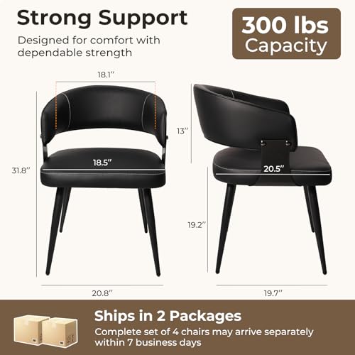 Dining Chairs Set of 4, Modern Upholstered Faux Leather Kitchen Chairs with Curved Back, Easy to Assemble & Clean for Dining Room, Restaurant, Cafe, Black - color: Black, size: Set of 4
