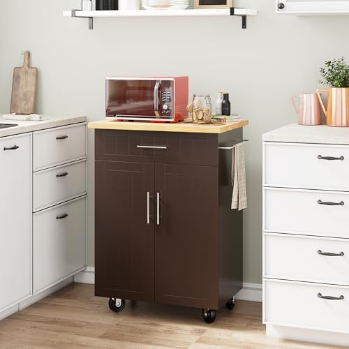 Shintenchi Kitchen Island Cart with Storage,Rolling Kitchen Island Side Table on Wheels with Large Worktop,Storage Cabinet,Towel Rack and Drawers for Kitchen,Dinning Room, Brown - color: Pink-26 Inch