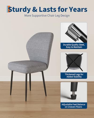 Garvee Linen Dining Chairs Set of 2, Modern Fabric Upholstered Kitchen Side Chairs with Metal Pegs, Grey - color: Grey, size: Set of 2
