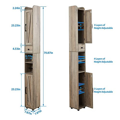 Bathroom Cabinet with Adjustable Shelf, Storage Cabinet for Small Space, Tall Bathroom Storage Cabinet with Retractable Toilet Paper Rod, Narrow Cabinet with 2 Doors, 8 Compartment, Brown Gray