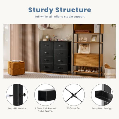 DUMOS Nightstand, Bedside Table with 4 Fabric Drawers | Night Stand with Removable Bins, Steel Frame Wood Top, Small Dresser for Bedroom Closet - color: Black, size: 11.8"D x 17.7"W x 37.4"H (4 Drawers)