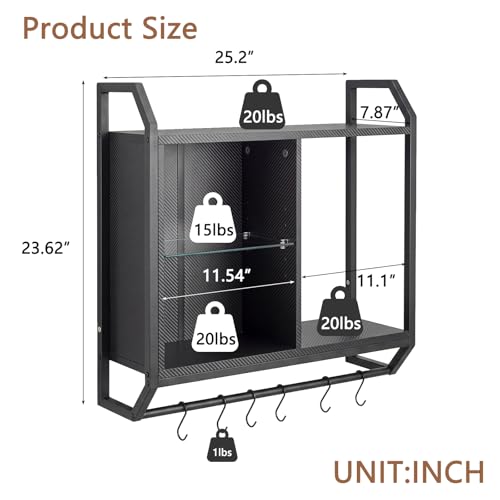 Gaming Floating Wall Shelves with LED Lights, Wall Mounted Shelf | 24" Shelf with Adjustable Glass Bar & 6 Hooks, Gaming Wall Shelf for Bedroom Gaming Room Living Room Office