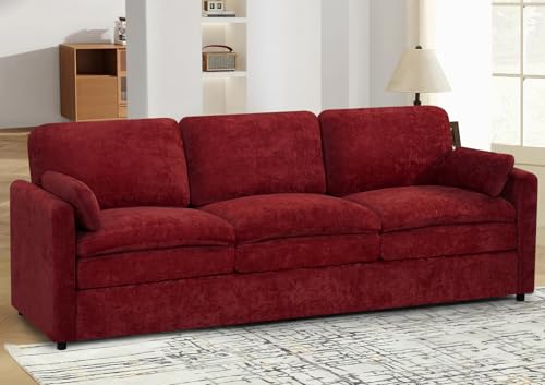 89" Chenille 3 Seats Sofa with 2 Pillows, Red | Modern Upholstered Sofa with Deeper Seats, Comfy Sofa with Thickened Cushions for Living Room, Apartment - color: Red, size: Sofa