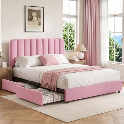 VECELO Full Size Upholstered Bed Frame with 4 Drawers and Headboard, Velvet Platform Storage Bedframe, Wooden Slats Support, No Box Spring Needed,Pink - color: Pink, size: Full, style: Bed Frame with Drawer