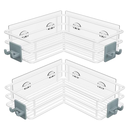 Nieifi Corner Shower Shelves, Adhesive Shower Caddy, Bathroom Organization | Stainless steel, 2 pack, wall mounted, bathroom shelves, shampoo and soap holder, bathtub storage, with hooks, white - color: White