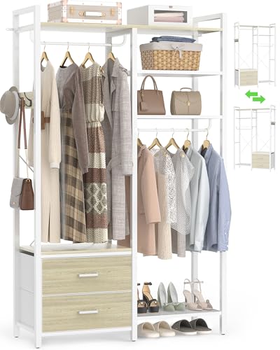 78.7'' Clothes Rack for Hanging Clothes - Reversible Clothing Rack with 2 Drawers, Heavy Duty Garment Racks with Shelves, 6 Tiers Freestanding Closet Wardrobe System with Hanging Hooks, White Oak - color: White Oak, size: 45.3"W