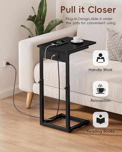 C Shaped End Table with Charging Station, 33"Tall C-Table End Table Adjustable Height Side Table for Couch, Couch Table That Slide Under Sofa Table TV Tray Table for Living Room,Bedroom,Black - color: Black, style: Charging Station