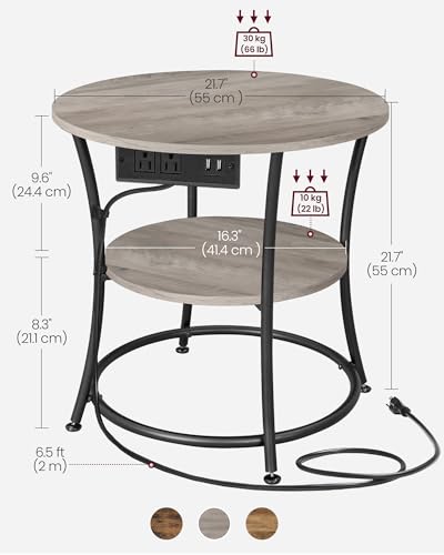 VASAGLE 21.7-Inch Round Side Table, 2-Tier End Table | Nightstand with Steel Frame, Spacious Top, for Small Spaces, Living Room, Bedroom, Heather Greige and Ink Black ULET077L01 - color: Heather Greige + Ink Black, style: With Power Strip