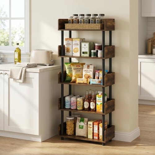 Furinno TURN-N-TUBE 5-Tier Display Shelf, Storage Shelves, Book Shelf, Open Shelves with Rounded Corner Top Edges, for Organization and Storage, Living Room, Home Office, Amber Pine - color: Amber Pine/Black, size: 5-Tier Display Rack