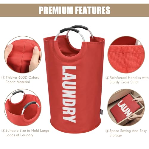 DOKEHOM 90L Large Laundry Basket Bag, Collapsible Tall Hamper, Red | Freestanding tall washing bin & foldable laundry bag. High-capacity clothes storage basket with durable sturdy handles - color: Red, size: 90L