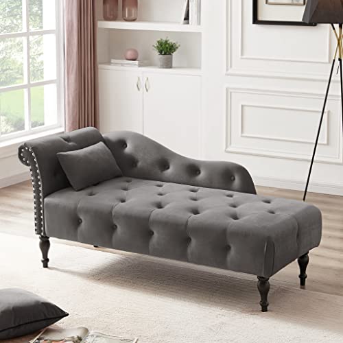 60" Modern Velvet Chaise Lounge Indoor, Upholstered Chair with Left Armrest and Lumbar Pillow, Button Tufted Lounge Sofa for Living Room Bedroom Office, Mini Chaise Longue Sofa (Grey) - color: Grey