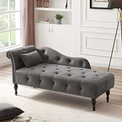 60" Modern Velvet Chaise Lounge Indoor, Upholstered Chair with Left Armrest and Lumbar Pillow, Button Tufted Lounge Sofa for Living Room Bedroom Office, Mini Chaise Longue Sofa (Grey) - color: Grey