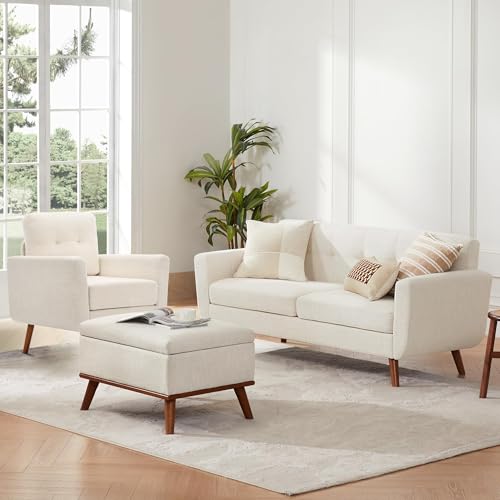 Tbfit Linen Fabric Single Sofa, Accent Chair, Mid Century Modern Armchair for Living Room, Bedroom Button Tufted Upholstered Comfy Reading Sofas, Beige - color: Beige, size: Single