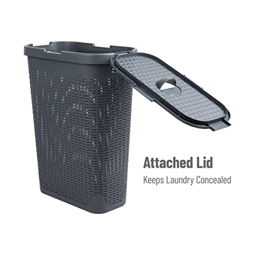 Mind Reader Slim Laundry Hamper with Lid, 40L Clothes Basket, Narrow Tapered Design with Ventilated Cutout Pattern, Plastic, Gray - color: Gray, size: Single