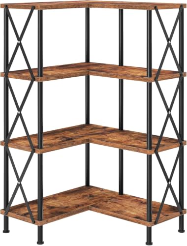 4 Tier L-Shaped Corner Bookshelf Rustic Brown Particleboard Matte Black Metal Frame Freestanding Open Display Storage Rack 23.6 x 23.6 x 45.5 Inch for Living Room Home Office
