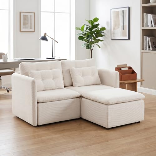 HNY 56.5" Modern Loveseat Sofa, Beige | 2-Seat Button Tufted Love Seat, Deep Seat Chenille Fabric With Pillow, Small Couch for Bedroom, Apartment, Home Furniture - color: Beige, size: 2 Seater-L Shape