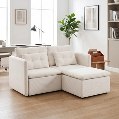 HNY 56.5" Modern Loveseat Sofa, Beige | 2-Seat Button Tufted Love Seat, Deep Seat Chenille Fabric With Pillow, Small Couch for Bedroom, Apartment, Home Furniture - color: Beige, size: 2 Seater-L Shape