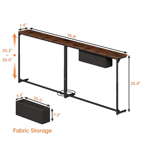 LIFECHOVY Narrow Console Table Behind the Couch with Power Outlets | Adjustable Height, 78.7" Long, 2 Pack, Fabric Storage, Sofa Table Behind Couch, For Living Room, Entryway, Rustic Brown