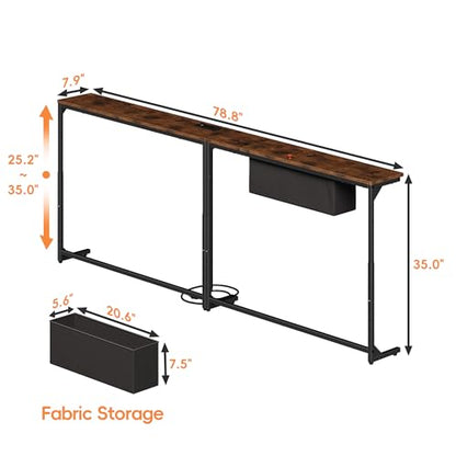 LIFECHOVY Narrow Console Table Behind the Couch with Power Outlets | Adjustable Height, 78.7" Long, 2 Pack, Fabric Storage, Sofa Table Behind Couch, For Living Room, Entryway, Rustic Brown