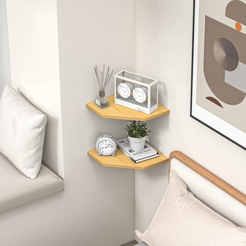 Corner Shelf Wall Mount, Floating Corner Shelves, Set of 2 Corner Wall Shelf Organizer, Rustic Wood Wall Storage Display Shelves for Living Room Bedroom Bathroom Kitchen, Rustic Brown, Oak - color: Oak, size: 10.5" x 10.5", Set of 2