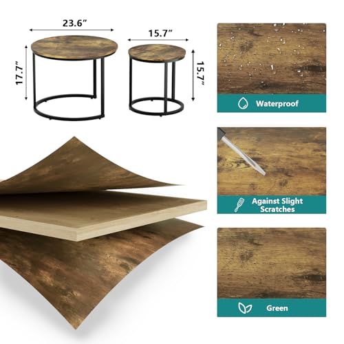Smuxee Nesting Coffee Table Set of 2, 23.6" Round Coffee Table Rustic Wood Top with Adjustable Non-Slip Feet, Industrial End Table Side Tables for Living Room Bedroom Balcony Yard - color: Rustic Brown, size: 23.6"W