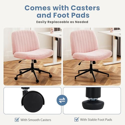 DUMOS Criss Cross Chair with Wheels, Wide Cross Legged Office Desk Vanity Chairs, Armless Height Adjustable Swivel Chairs for Home Computer Task, Teddy Fleece, Pink Wheel - color: Pink Wheel