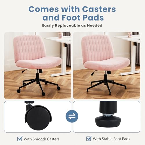 DUMOS Criss Cross Chair, Cross Legged Vanity Chairs with Wheels | Armless Height Adjustable, Wide Seat Swivel, Comfy Teddy Fleece, Home Office Computer Desk Task, Pink Wheel - color: Pink Wheel