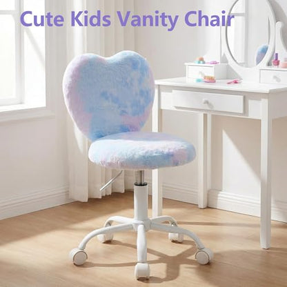 chairus Kids Desk Chair Faux Fur Study Chair for Teenage Girls, Adjustable Heart Shaped Kids Vanity Chair for Bedroom Reading Living Room, Small Cute Student Task Chair with White Foot, Baby Blue - color: Baby Blue