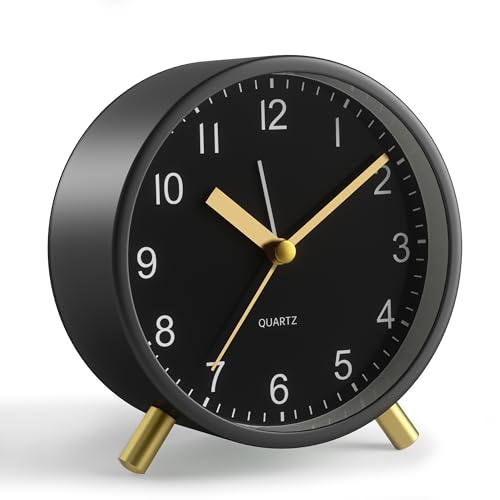 JALL Analog Alarm Clock, 4 inch Super Silent Non Ticking Small Clock with Night Light, Battery Operated, Simple Design, Easy Setting for Office, Bedroom, Bedside, Desk, Teens, Elders, Adult, Black - color: Black+gold