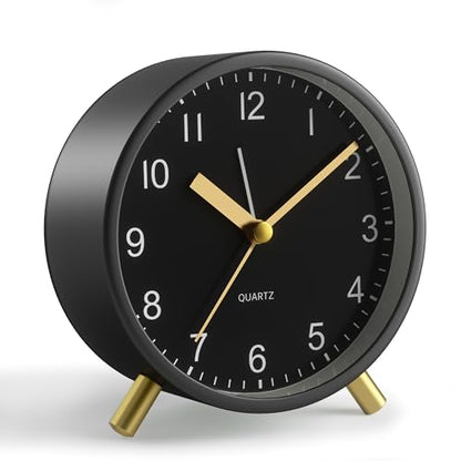 JALL Analog Alarm Clock, 4 inch Super Silent Non Ticking Small Clock with Night Light, Battery Operated, Simple Design, Easy Setting for Office, Bedroom, Bedside, Desk, Teens, Elders, Adult, Black - color: Black+gold