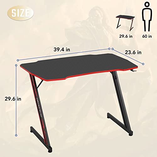 BestOffice | 39" Gaming Table | Red | Z-Shaped Computer Desk | with Steel Frame, Headphone Hook, Adjustable Feet | Carbon Fiber Texture| Easy to Clean | for Gaming, Home Office - color: Red, size: 39 Inch Z Shaped