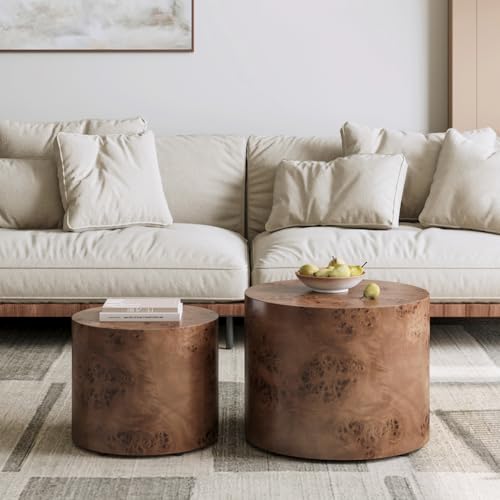 18.9" Round Nesting Coffee Table Set of 2, Modern Wooden Coffee Tables Small Circle Center Table for Living Room, Accent End Table Set, No Assembling (Brown Burl) - color: A-brown Burl