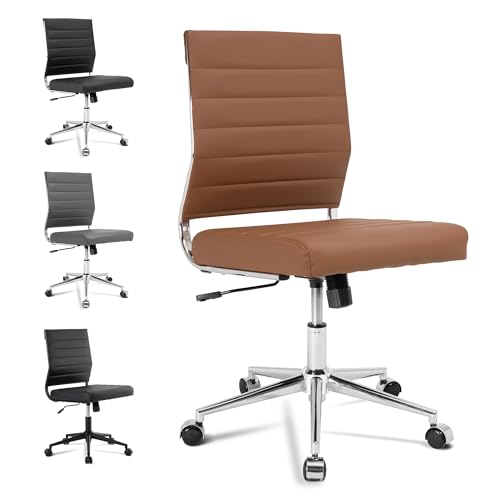 Okeysen Brown Armless Office Desk Chair, Mid Back Ergonomic Swivel Conference Room Chairs, Adjustable Height PU Leather Home Desk Chair, Modern Small Rolling Computer Task Chair - color: Brown
