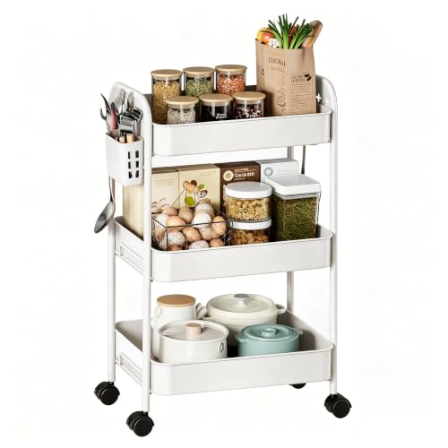 Heavy-Duty Rolling Cart 3 Tier Metal Utility Storage Cart | with Casters, Hooks & Hanging Cups, Rolling Storage Organizer for Kitchen Office Craft Snack Book - color: Matte White