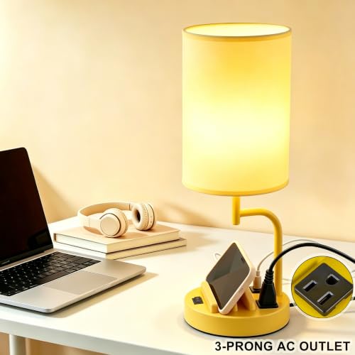 Dreamholder 2 Pack Table Lamp, Bedside Lamp with 3 USB Charging Ports & AC Outlet, USB Desk Lamp with 2 Phone Holders, Linen Fabric Shade Nightstand Lamps for Bedroom Living Room Office, Yellow - color: Yellow