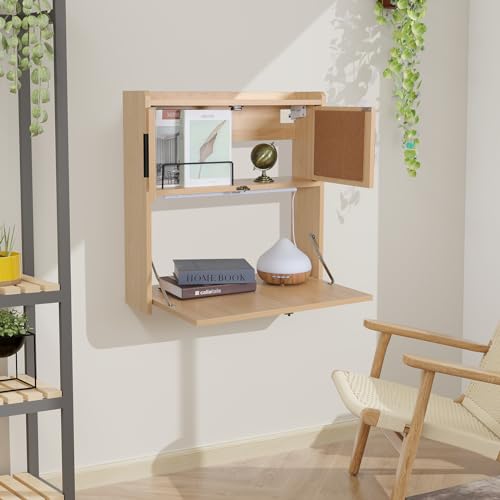 ARTETHYS Wall Mounted Desk Folding with LED Light Drop Down Hanging Desk | Multifunctional Fold Down Laptop Computer Table, Writing Workstation with Storage Compartments, Space Saving for Home - color: Wood