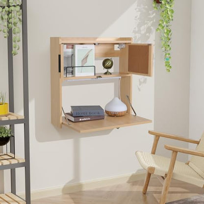 ARTETHYS Wall Mounted Desk Folding with LED Light Drop Down Hanging Desk | Multifunctional Fold Down Laptop Computer Table, Writing Workstation with Storage Compartments, Space Saving for Home - color: Wood