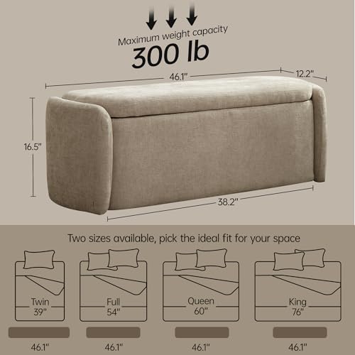 VKNOW Storage Bench, Upholstered Storage Ottoman Bench with Hinge, Khaki | Ottoman Bench with Large Capacity, Curved Frame, Soft Fabric, Storage Bench for Bedroom, Living Room, Entryway - color: Light Brown, size: 46.1"